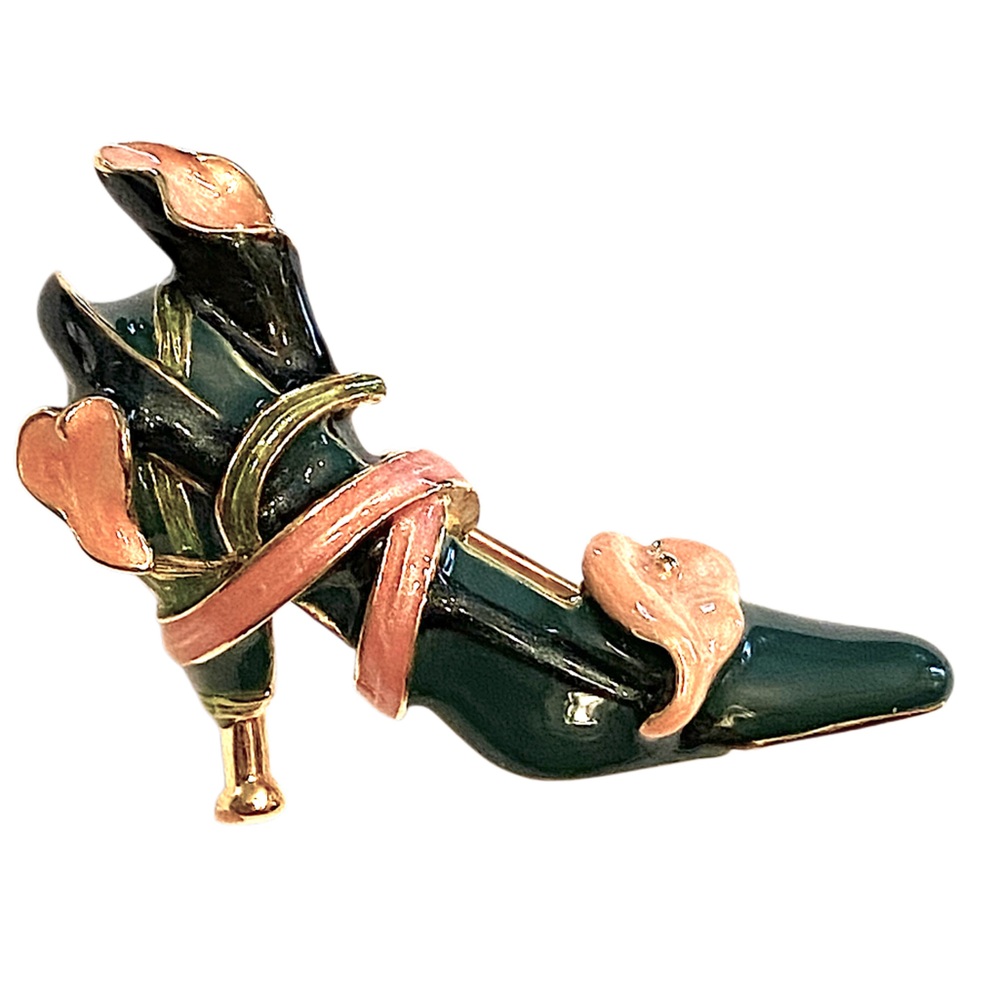 Kenneth Jay Lane High Heeled Shoe Brooch Green Floral